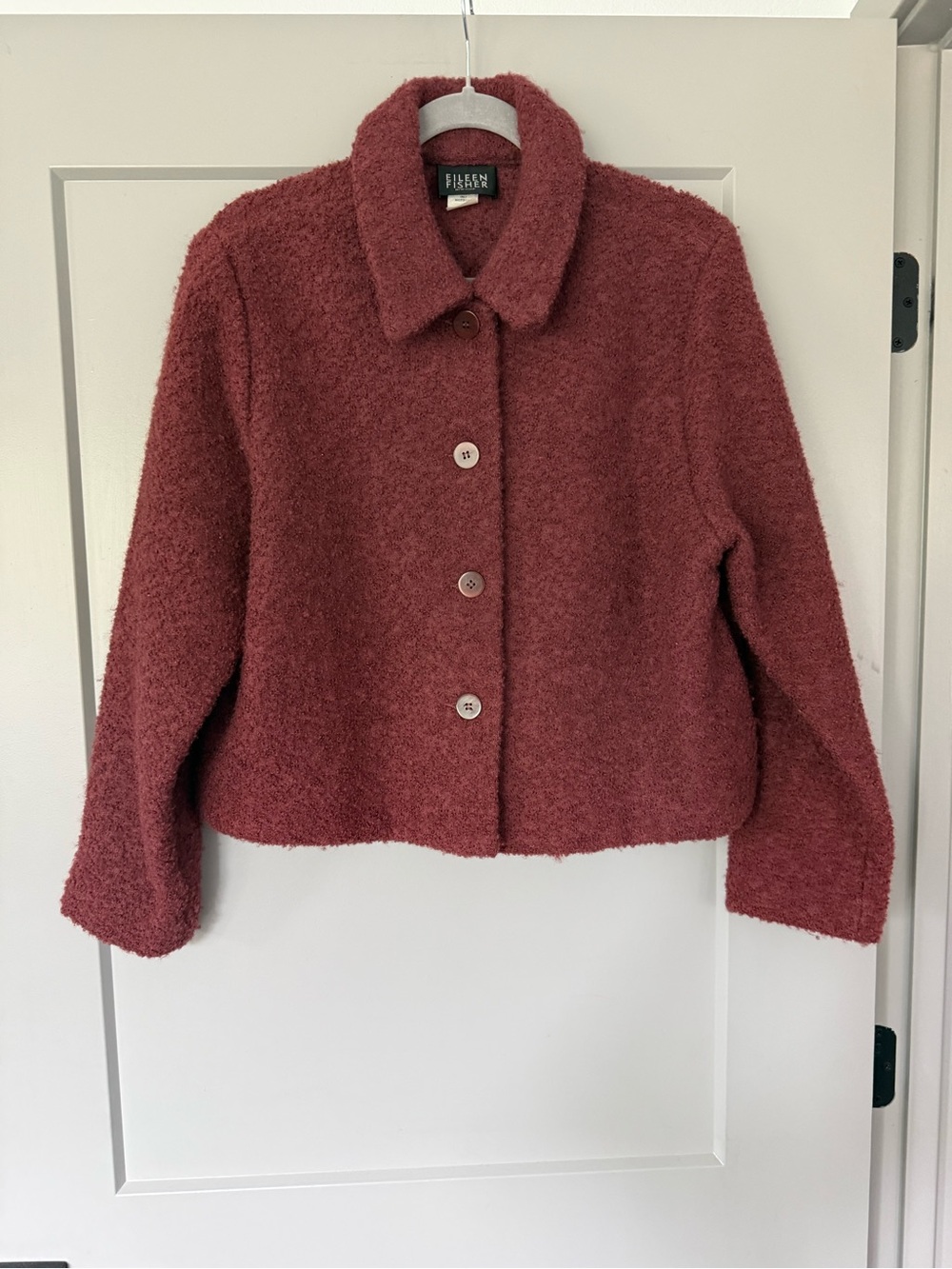 Eileen Fisher Burgundy Wool Boucle Cropped Jacket Coat Medium
